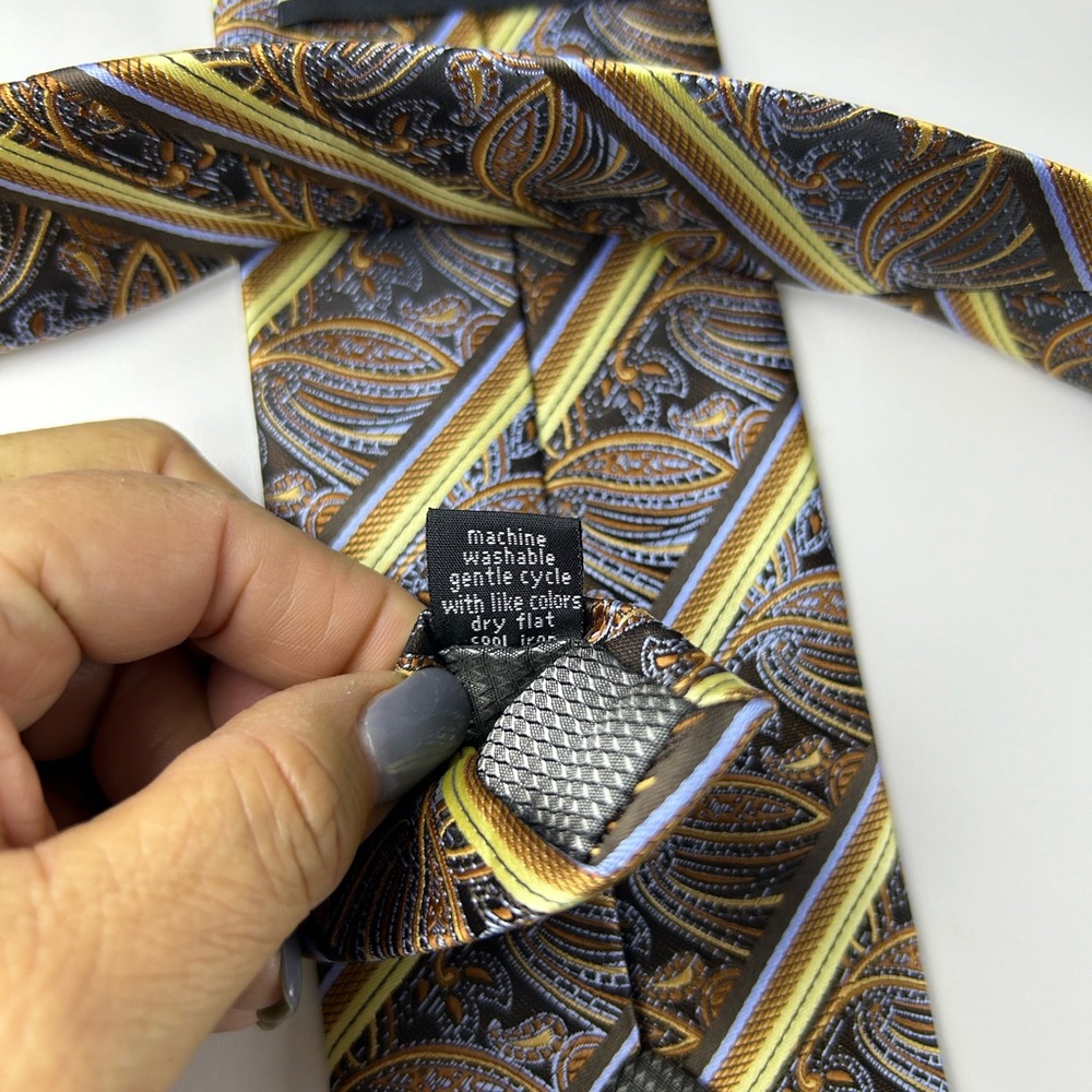Bill Robinson Mens Paisley Stripe Tie Brown Gold Blue Formal Necktie - Picture 8 of 11